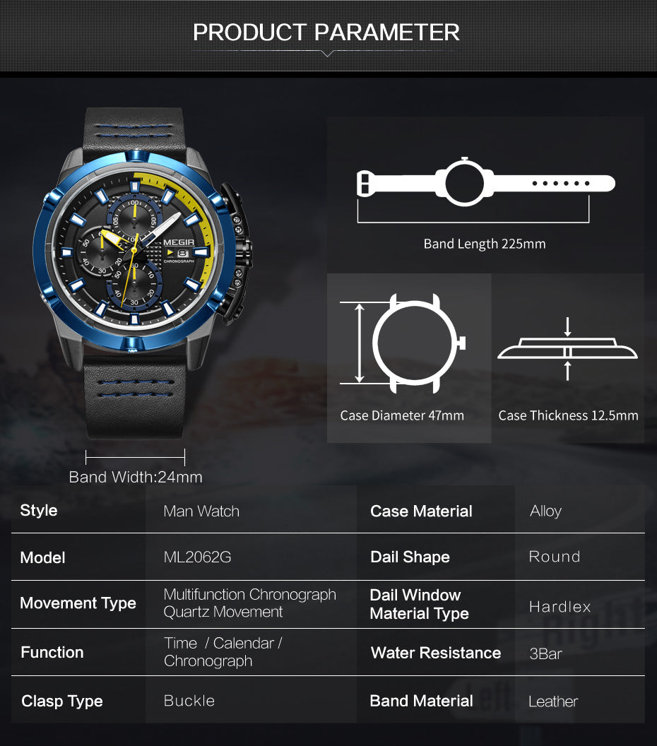 MEGIR Luxury Men's Watch Top Brand Fashion Sports Military Watches for Men Waterproof Quartz Wristwatch Leather Clock Man 2062-9