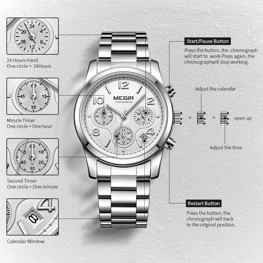 MEGIR Luxury Elegant Women Watch Stainless Steel Ladies Quartz Wristwatch Fashion Female Watches Casual Femme Relogio 2057-5