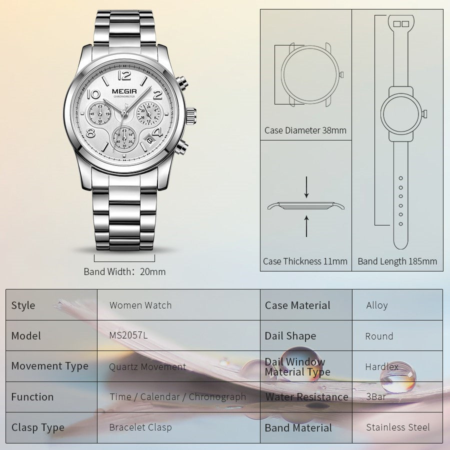 MEGIR Luxury Elegant Women Watch Stainless Steel Ladies Quartz Wristwatch Fashion Female Watches Casual Femme Relogio 2057-6