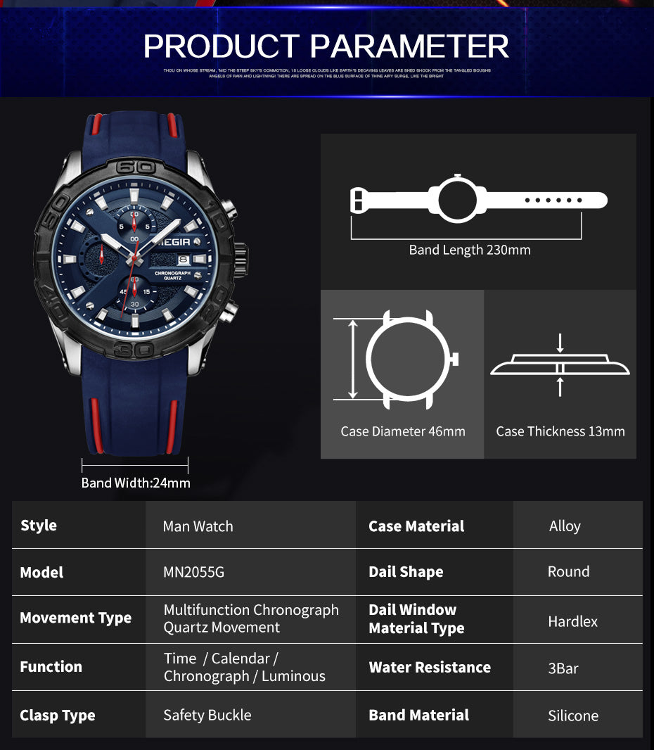 MEGIR Fashion Sport Watches for Men Top Brand Military Quartz Wristwatch Calendar Male Clock Chronograph Montre Homme 2055-10