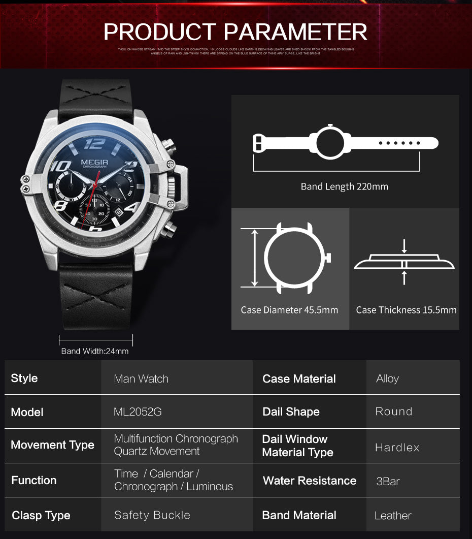 MEGIR Fashion Mens Watch Top Brand Luxury Sports Watches Waterproof Quartz Clock Leather Military Wrist Watch Relogio Masculino-8