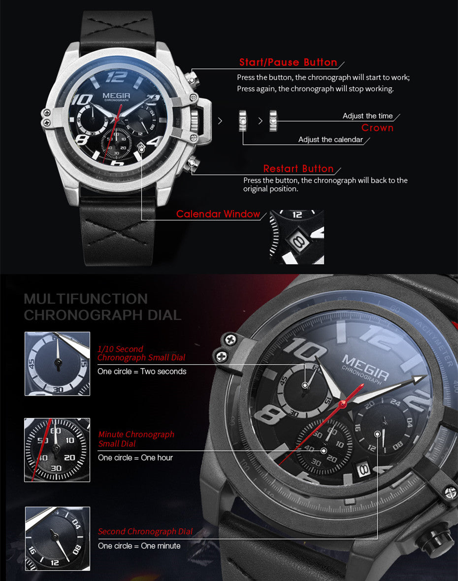MEGIR Fashion Mens Watch Top Brand Luxury Sports Watches Waterproof Quartz Clock Leather Military Wrist Watch Relogio Masculino-9