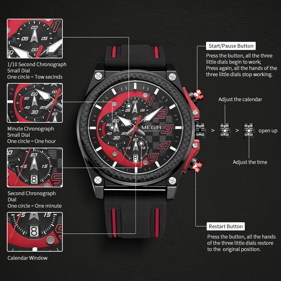 MEGIR Chronograph Sport Watch Men Silicone Military Wrist Watches Waterproof Date Clock Top Brand Quartz Watch Reloj Hombre 2051-11