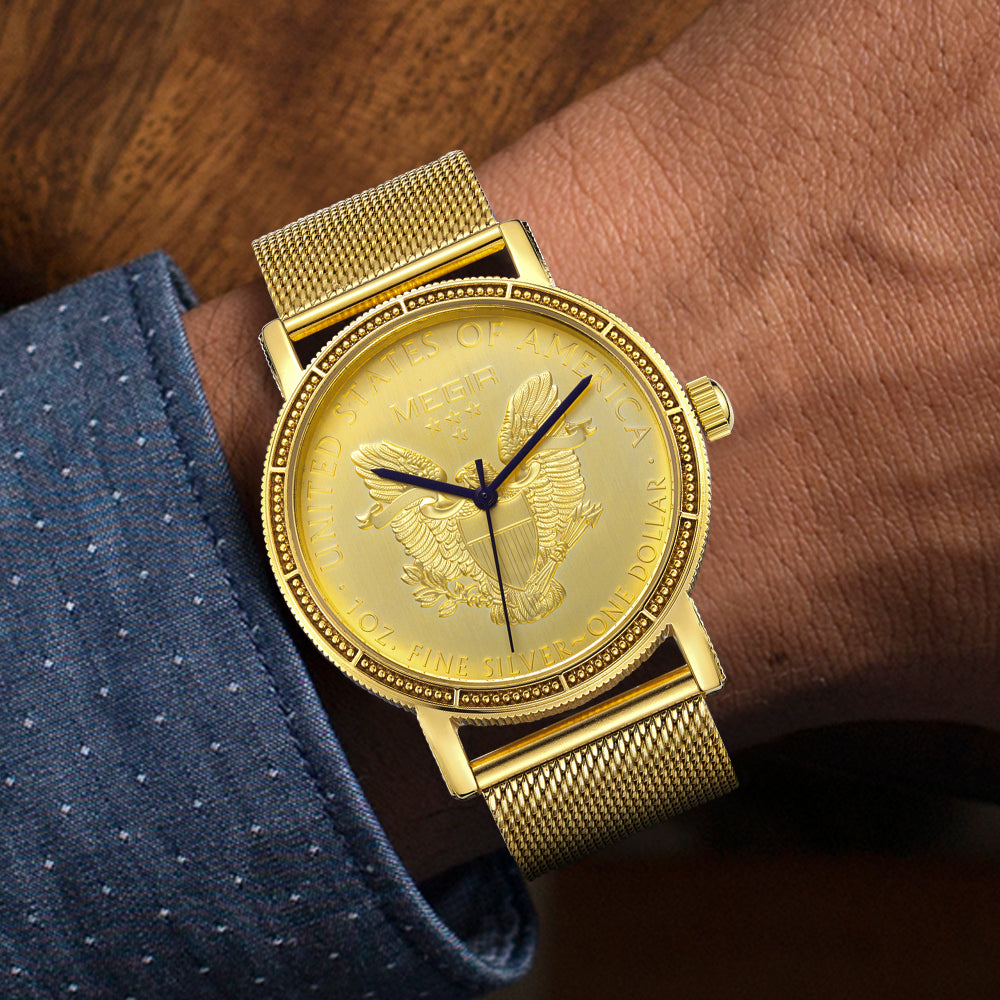 MEGIR Luxury Business Watches for Men Gold Steel Mesh Strap Men Quartz Watches Waterproof Wrist Watch Clock Reloj Hombre 2032-1