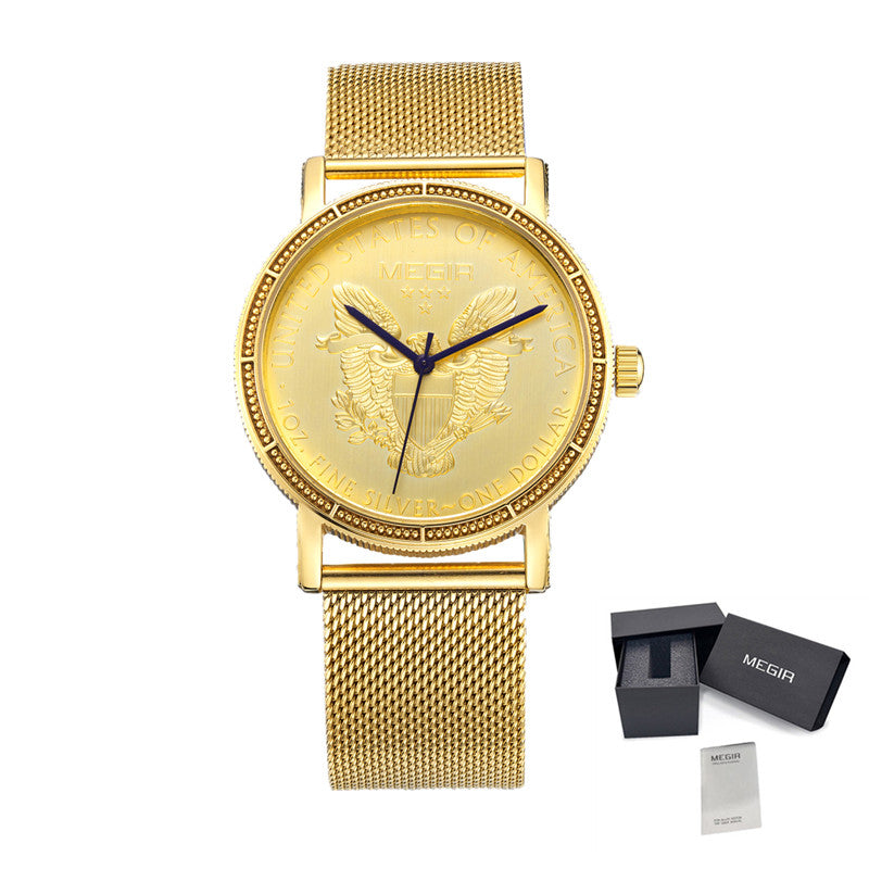 MEGIR Luxury Business Watches for Men Gold Steel Mesh Strap Men Quartz Watches Waterproof Wrist Watch Clock Reloj Hombre 2032-8