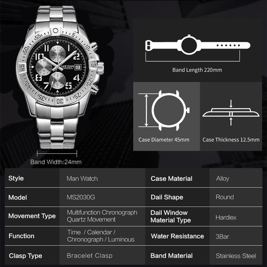 MEGIR Men's Business Quartz Watches Top Luxury Brand Casual Wristwatch Waterproof Date Clock Stainless Steel Man Chronograph-5