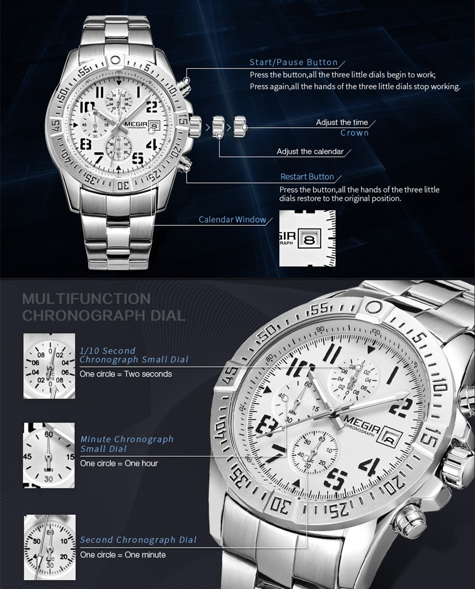 MEGIR Men's Business Quartz Watches Top Luxury Brand Casual Wristwatch Waterproof Date Clock Stainless Steel Man Chronograph-6
