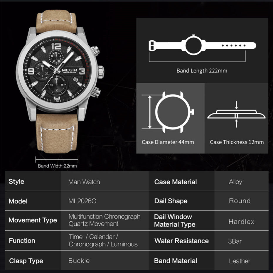 MEGIR Original Brand Luxury Watch Men's Sport Watches Leather Strap Watch Quartz Wristwatches Luminous Casual Relogio Masculino-9