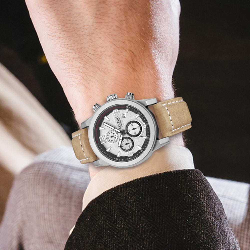 MEGIR Original Brand Luxury Watch Men's Sport Watches Leather Strap Watch Quartz Wristwatches Luminous Casual Relogio Masculino-3