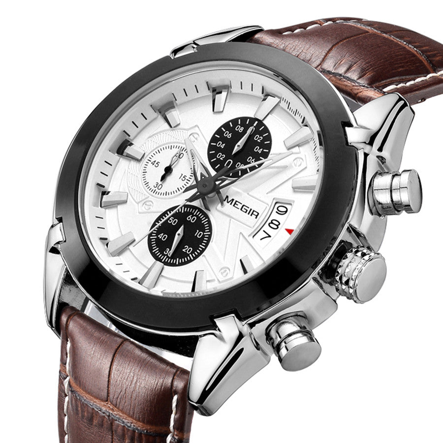 MEGIR Men Watches Original Fashion Leather Quartz Wristwatch Top Brand Military Chronograph Big Dial Sports Clock Reloj Hombre-2
