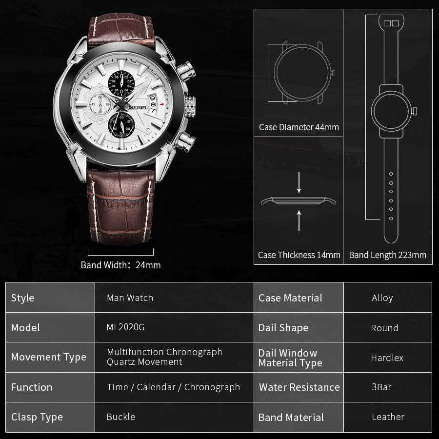 MEGIR Men Watches Original Fashion Leather Quartz Wristwatch Top Brand Military Chronograph Big Dial Sports Clock Reloj Hombre-8