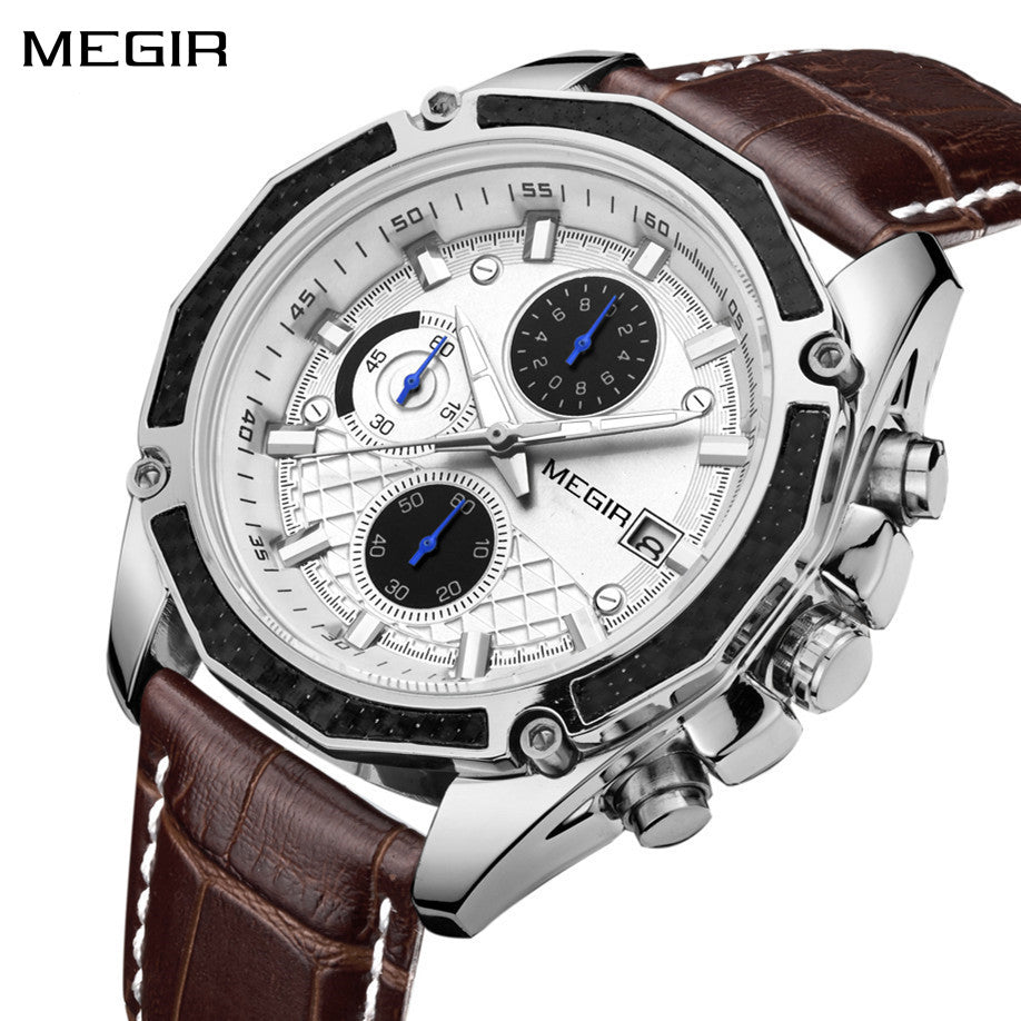 MEGIR Fashion Luxury Sport Watches Luxury Brand Waterproof Leather Chronograph Quartz Military Wristwatch Clock for Men 2015-0