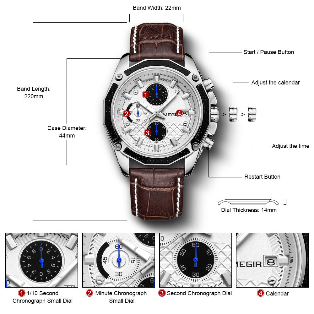 MEGIR Fashion Luxury Sport Watches Luxury Brand Waterproof Leather Chronograph Quartz Military Wristwatch Clock for Men 2015-6