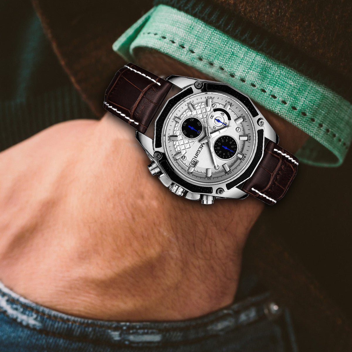 MEGIR Fashion Luxury Sport Watches Luxury Brand Waterproof Leather Chronograph Quartz Military Wristwatch Clock for Men 2015-1