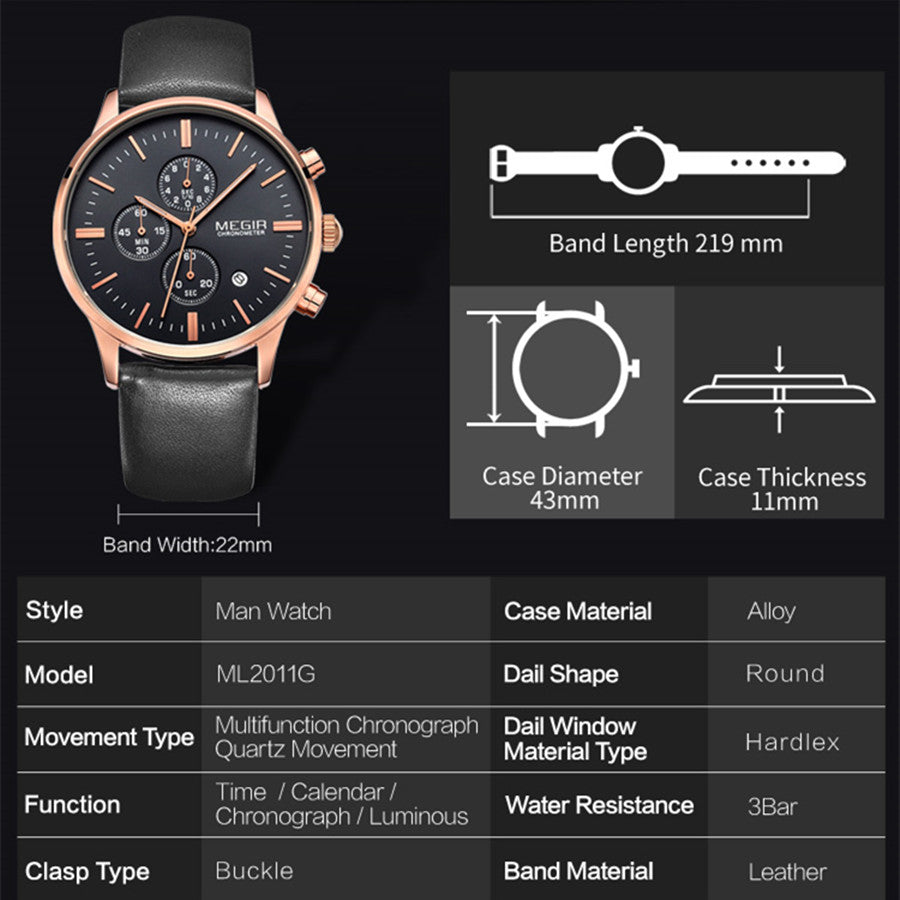 MEGIR Sport Watch for Men Luxury Waterproof Quartz Clock Leather Wristwatch Luminous Military Watches Calendar reloj hombre 2011-5
