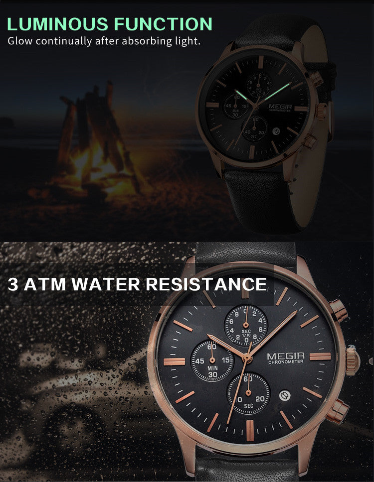 MEGIR Sport Watch for Men Luxury Waterproof Quartz Clock Leather Wristwatch Luminous Military Watches Calendar reloj hombre 2011-7