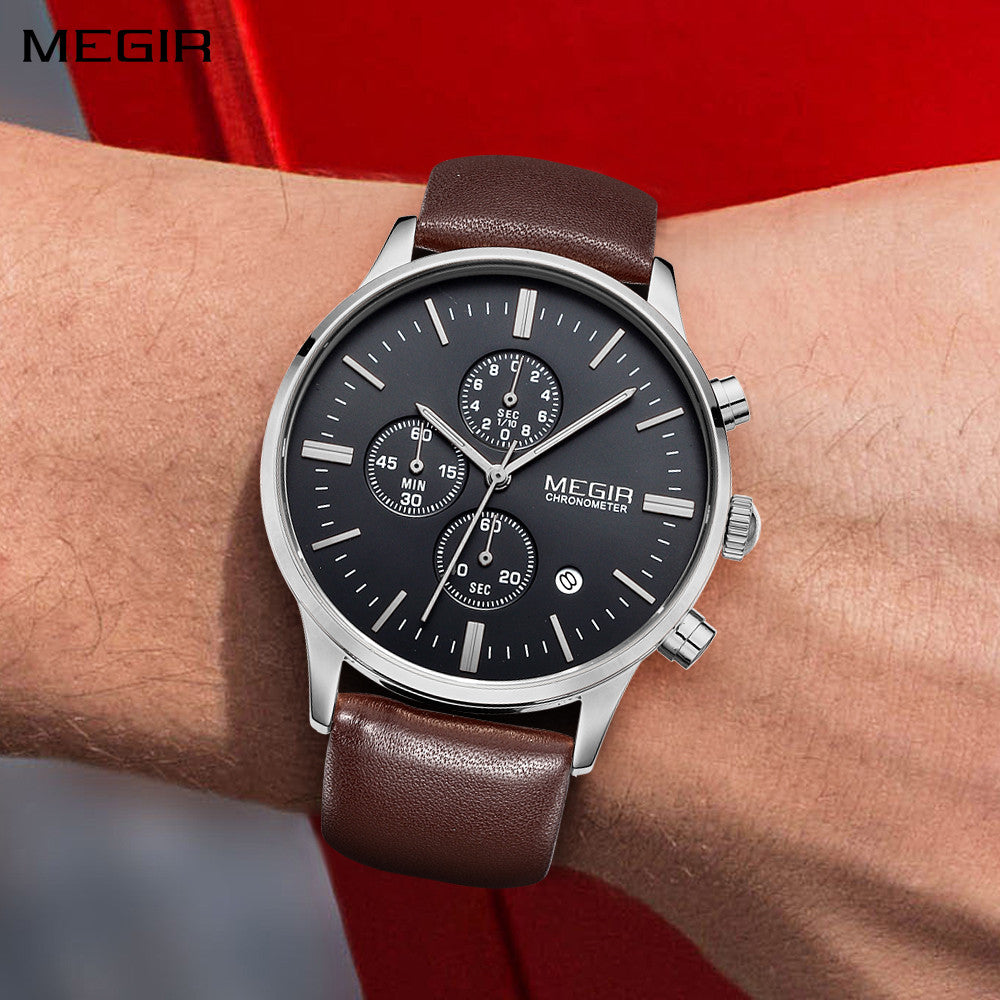 MEGIR Sport Watch for Men Luxury Waterproof Quartz Clock Leather Wristwatch Luminous Military Watches Calendar reloj hombre 2011-0