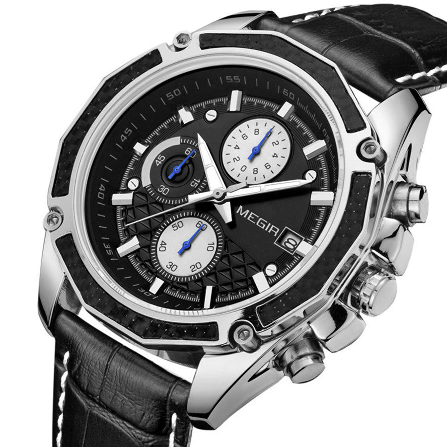 MEGIR Fashion Luxury Sport Watches Luxury Brand Waterproof Leather Chronograph Quartz Military Wristwatch Clock for Men 2015-13