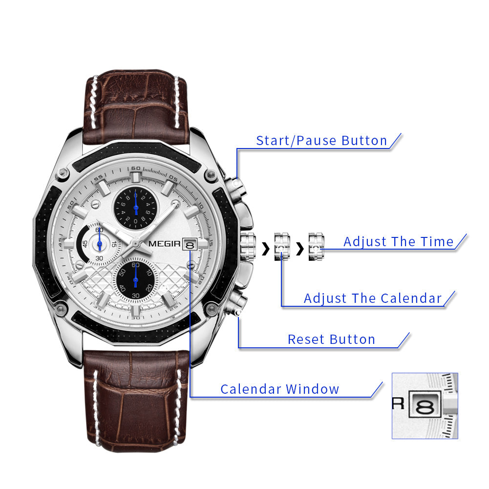 MEGIR Fashion Luxury Sport Watches Luxury Brand Waterproof Leather Chronograph Quartz Military Wristwatch Clock for Men 2015-5