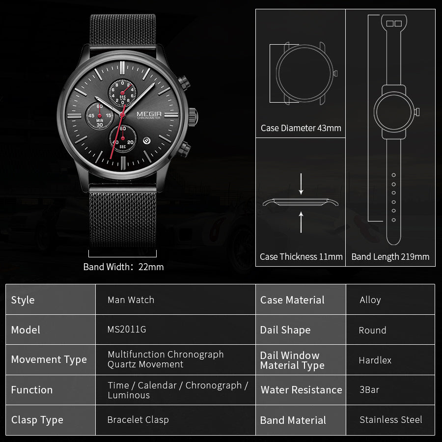 MEGIR Men's Quartz Watch Top Brand Luxury Wristwatch Waterproof Business Clock Date Wrist Watch Chronograph reloj hombre 2011-5