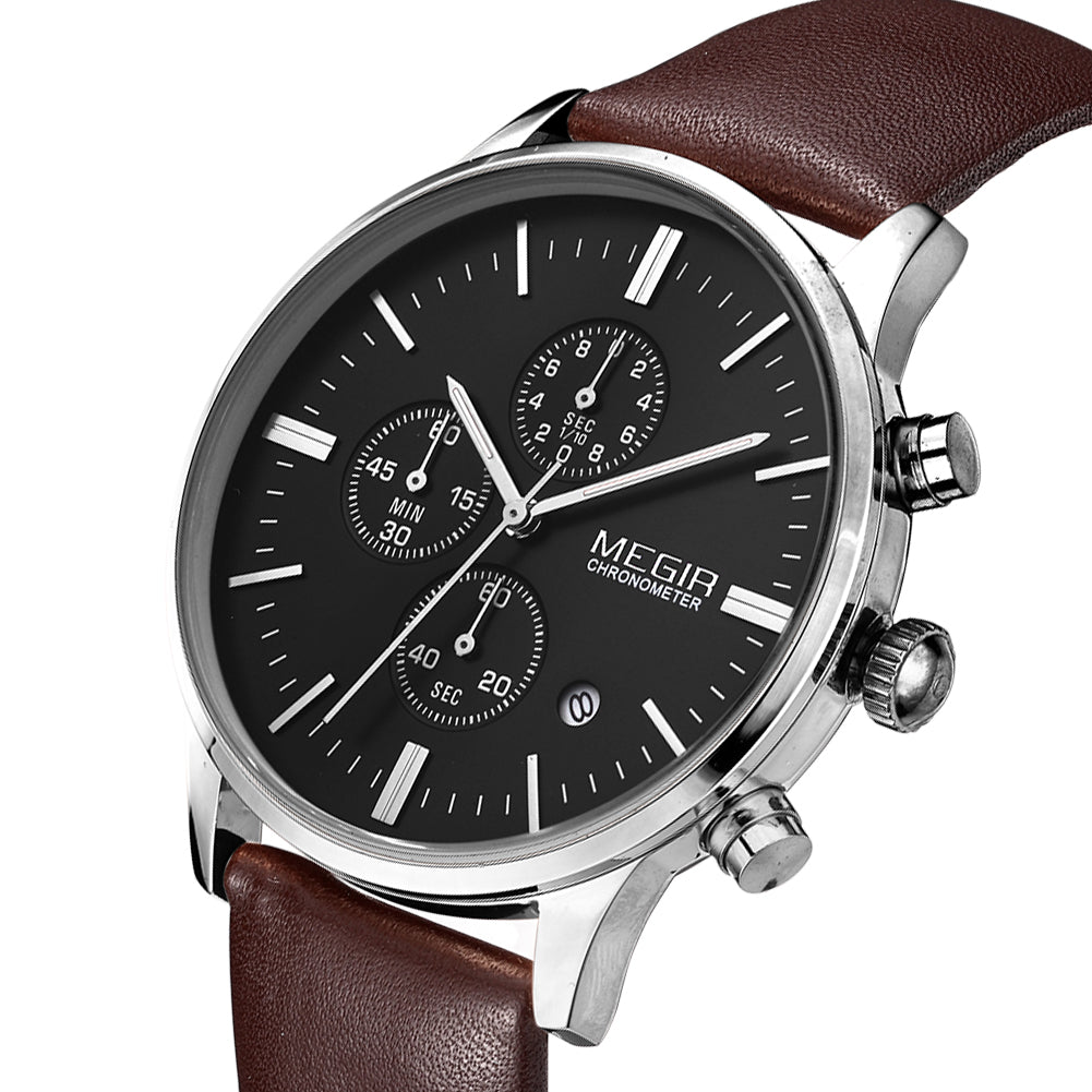 MEGIR Sport Watch for Men Luxury Waterproof Quartz Clock Leather Wristwatch Luminous Military Watches Calendar reloj hombre 2011-1