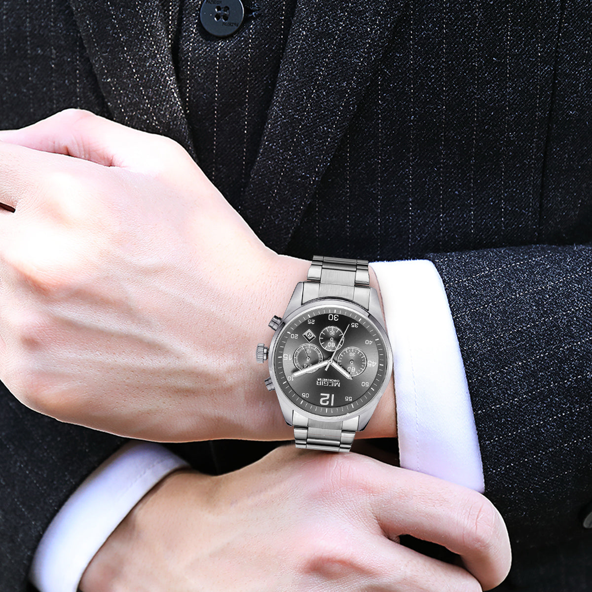 MEGIR Fashion Men Watches Luxury Stainless Steel Business Wristwatch Waterproof Date Quartz Man Clock Relogio Masculino-1