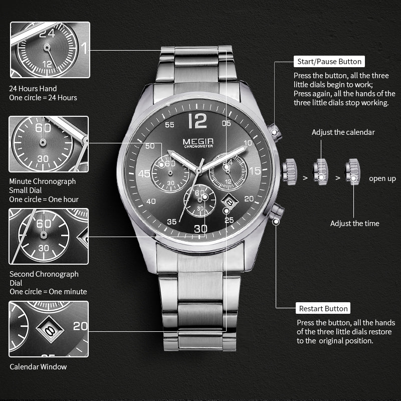 MEGIR Fashion Men Watches Luxury Stainless Steel Business Wristwatch Waterproof Date Quartz Man Clock Relogio Masculino-6