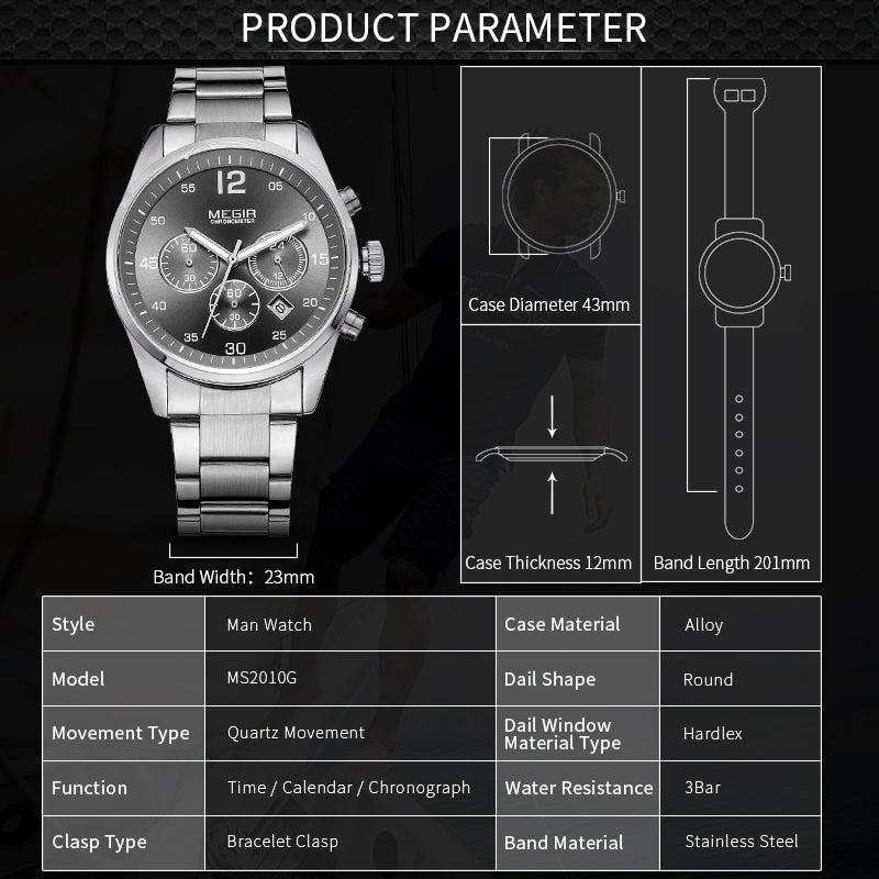 MEGIR Fashion Men Watches Luxury Stainless Steel Business Wristwatch Waterproof Date Quartz Man Clock Relogio Masculino-7