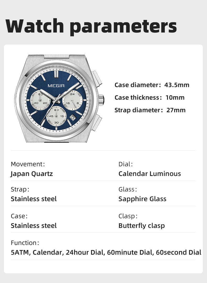 MEGIR Men's Business Watches Original Analogue Quartz Wrist Watch Luminous 5ATM Waterproof Steel Large Dial Clock Reloj Hombre-5