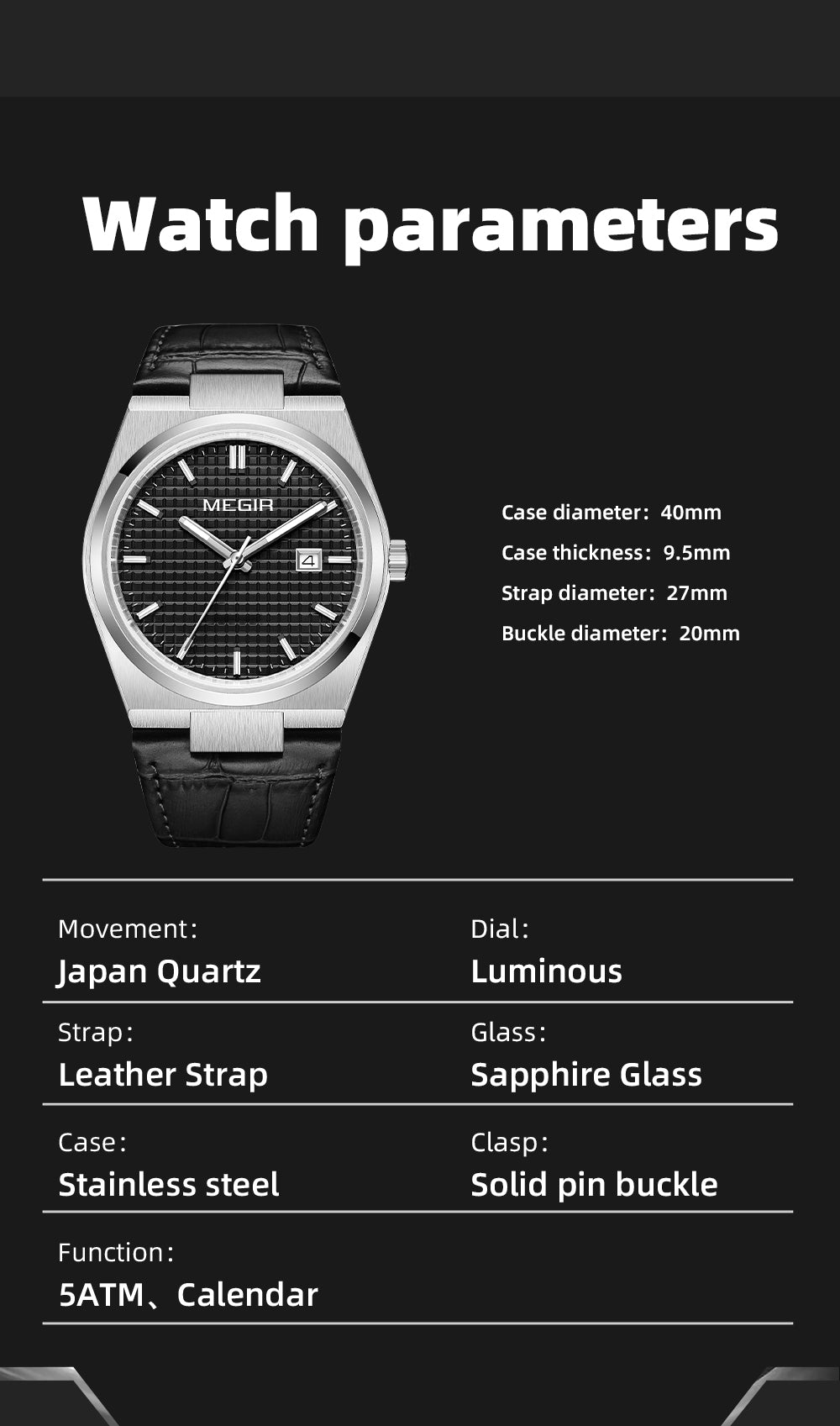 MEGIR Watches for Men Fashion Business Men's Wrist Watch Waterproof Leather Quartz Sport Wristwatch Date Clock Reloj Hombre-8