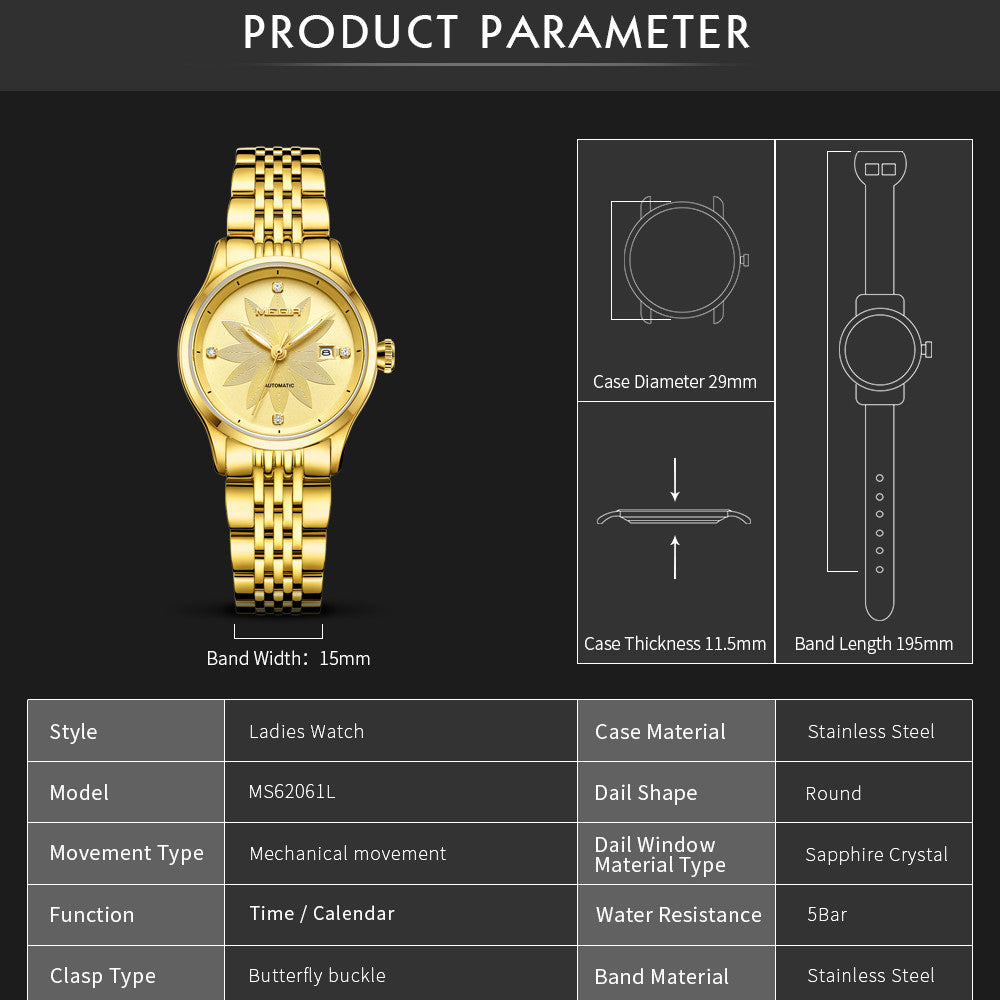 MEGIR Fashion Business Casual Watch for Women Sapphire Automatic Mechanical Wrist Watch Ladies Stainless Steel Female Date Clock-7