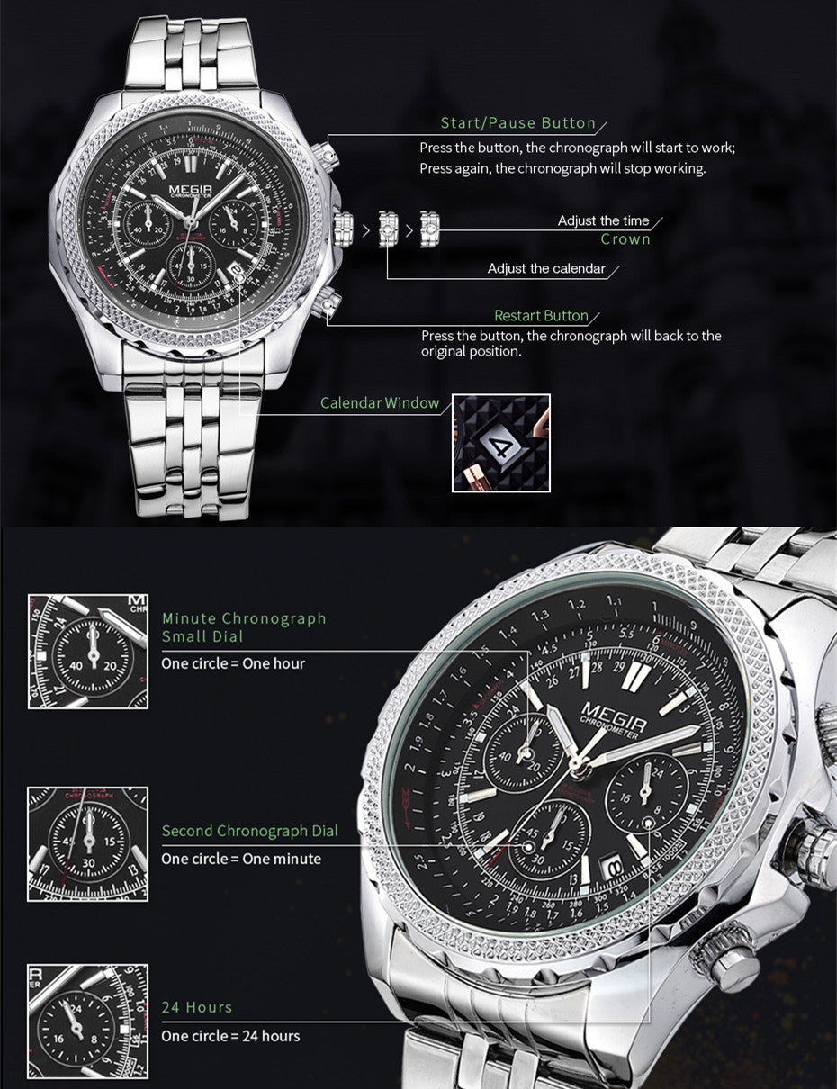 MEGIR Fashion Business Men's Watch Stainless Steel Quartz Wristwatch Calendar Big Dial Man Military Sports Chronograph Clock-8