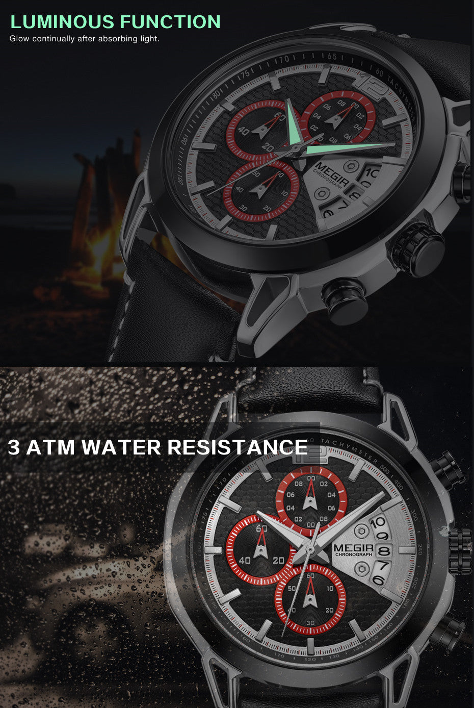 MEGIR Fashion Mens Military Sports Watches Luxury Leather Quartz Business Watch Chronograph Waterproof Luminous Date Wristwatch-10