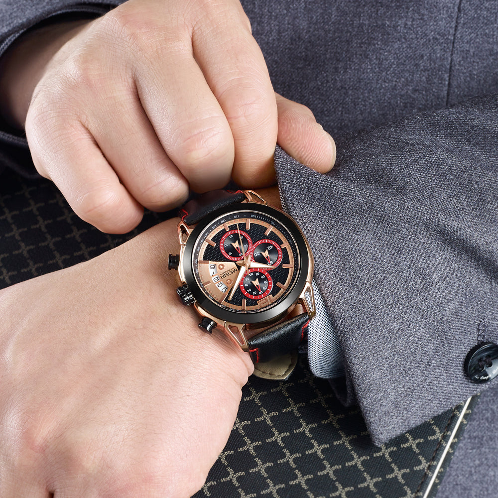 MEGIR Fashion Mens Military Sports Watches Luxury Leather Quartz Business Watch Chronograph Waterproof Luminous Date Wristwatch-3