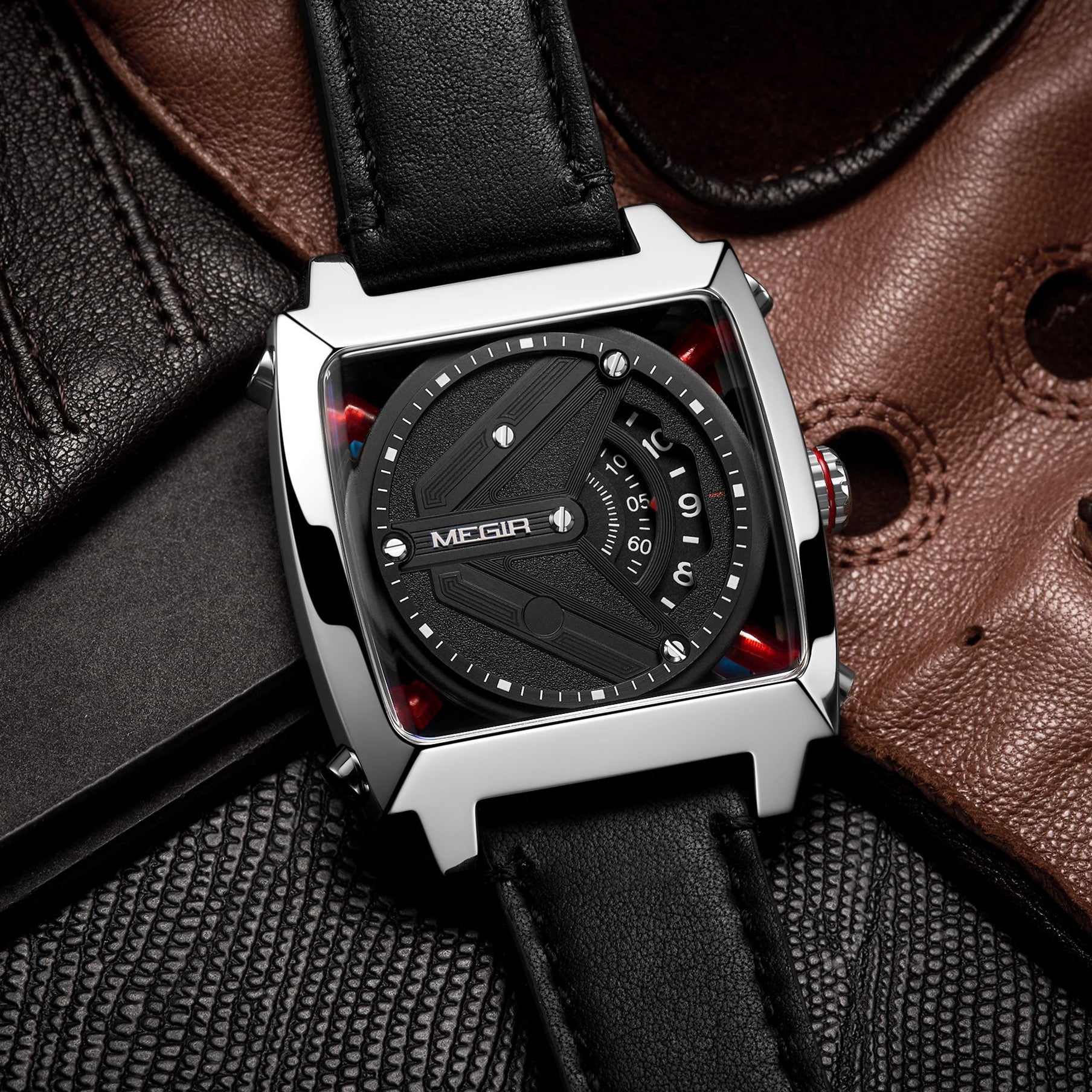 MEGIR Watches for Men Leather Strap Automatic Mechanical Watch Waterproof Business Casual Wristwatch Date Clock Montre Homme-3