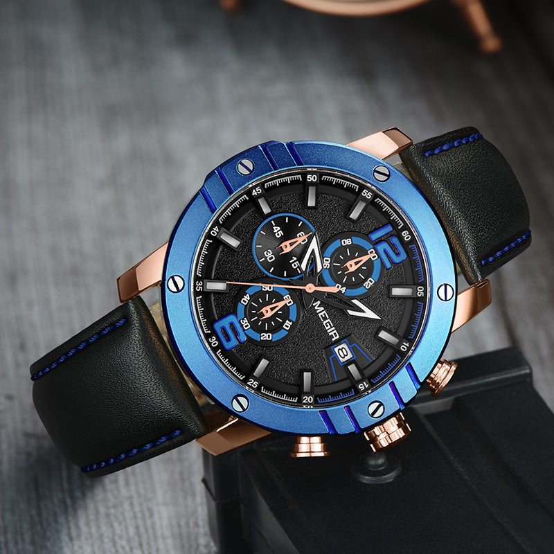 MEGIR Fashion Men's Quartz Watch Top Brand Luxury Business Casual Wristwatch Leather Strap Military Sports Watch Male Clock 2046-2