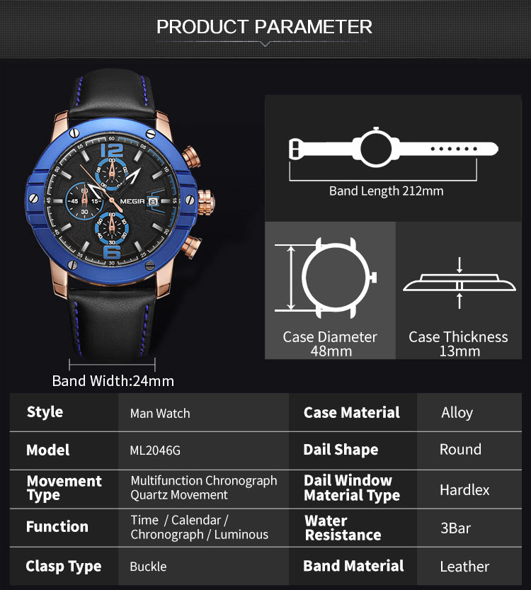 MEGIR Fashion Men's Quartz Watch Top Brand Luxury Business Casual Wristwatch Leather Strap Military Sports Watch Male Clock 2046-7