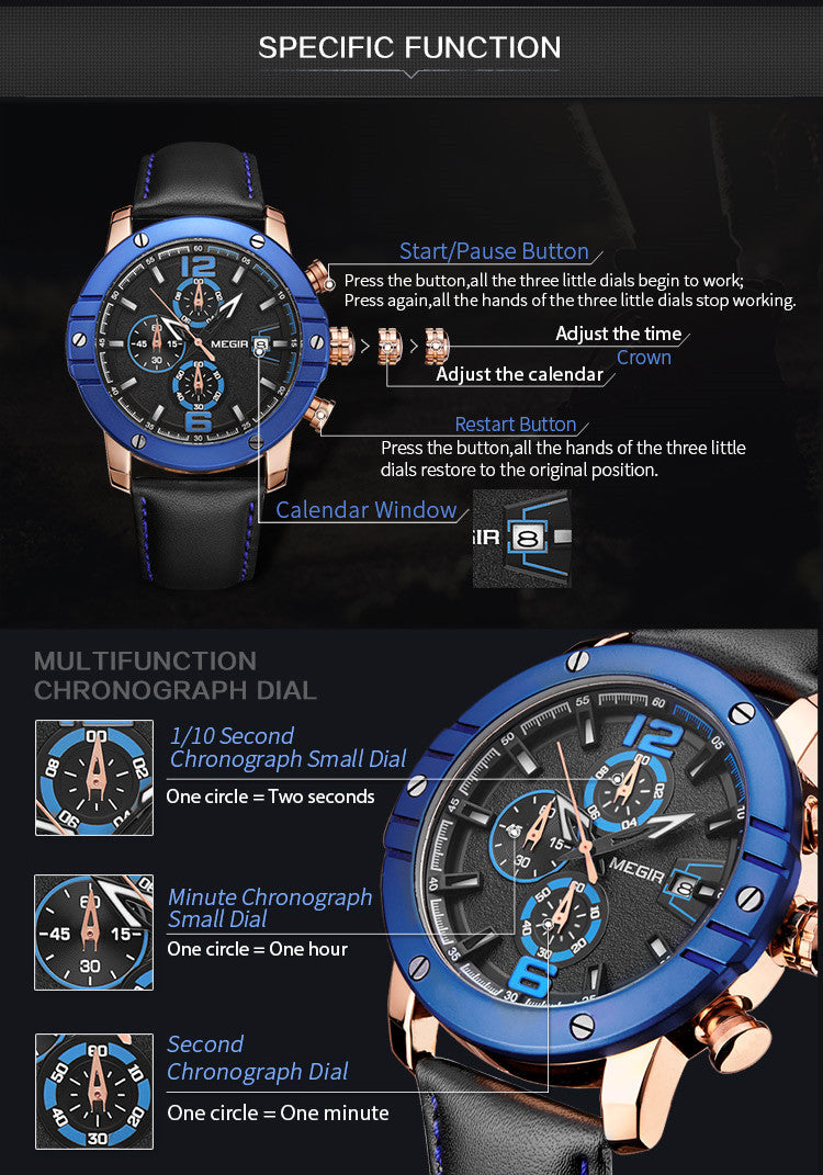 MEGIR Fashion Men's Quartz Watch Top Brand Luxury Business Casual Wristwatch Leather Strap Military Sports Watch Male Clock 2046-8