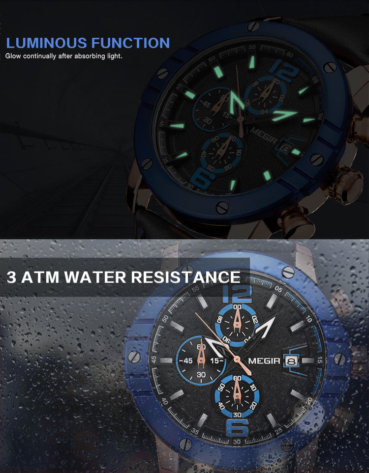 MEGIR Fashion Men's Quartz Watch Top Brand Luxury Business Casual Wristwatch Leather Strap Military Sports Watch Male Clock 2046-9
