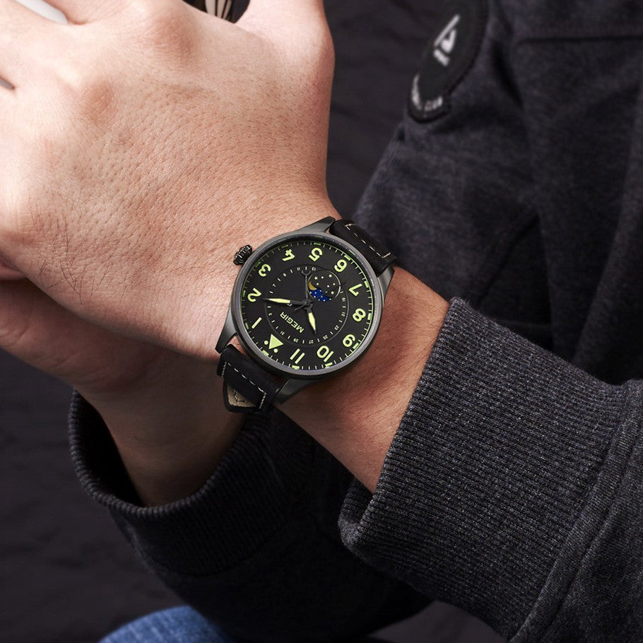 MEGIR Fashion Sport Quartz Watches Men Luxury Leather Business Casual Wristwatches Waterproof Date Clcok Moon Phase Reloj Hombre-1