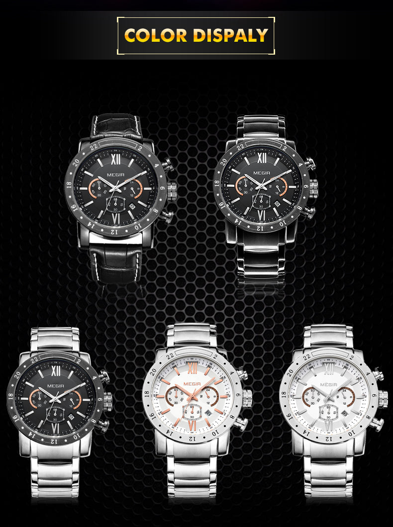 MEGIR Luxury Men's Business Watches Chronograph Waterproof Stainless Steel Quartz Watch Calendar Male Clock Reloj Hombre 3008-14