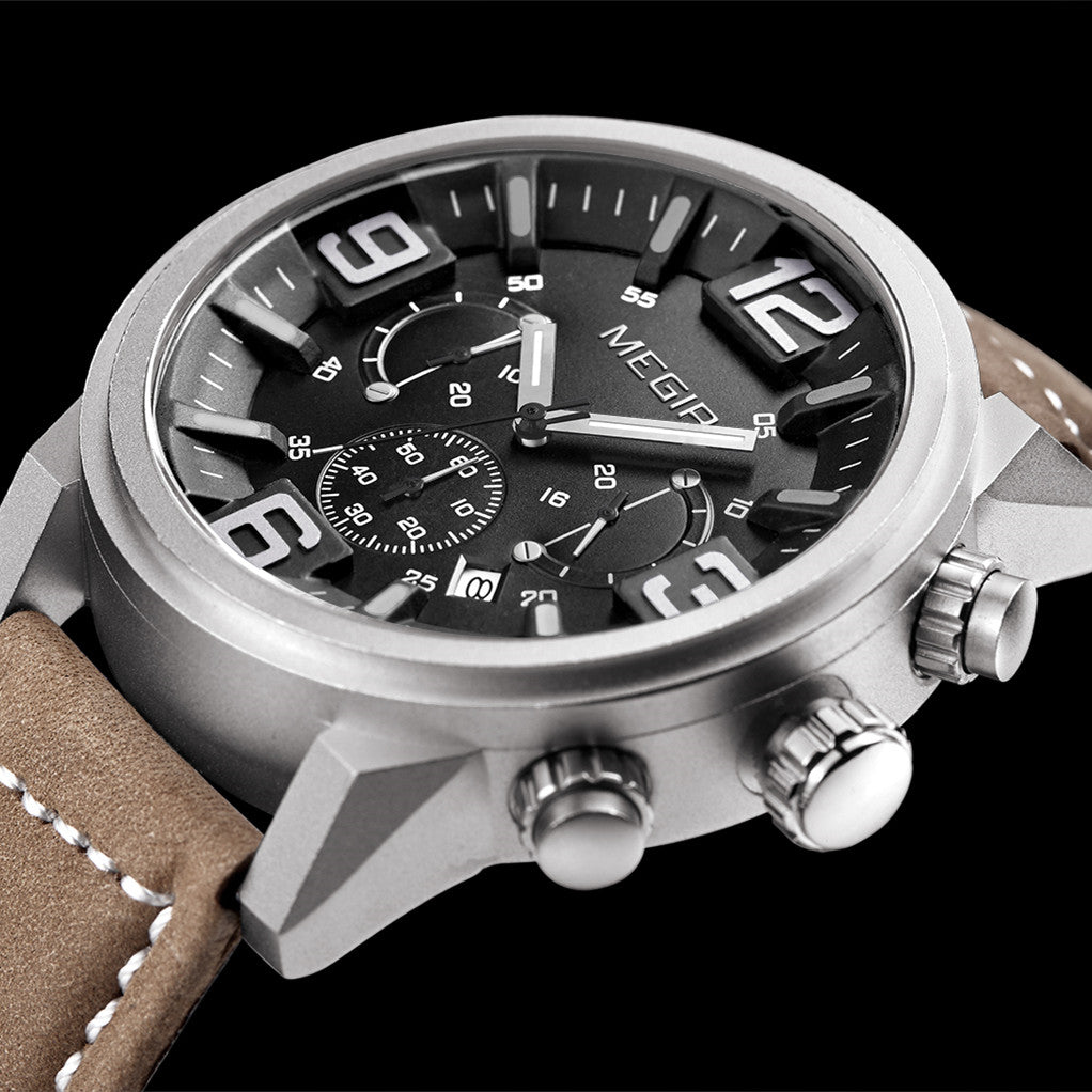 MEGIR Luxury Men's Watch Fashion Simple Casual Sports Watches for Mens Leather Strap Waterproof Quartz Chronograph Clock 3010-14