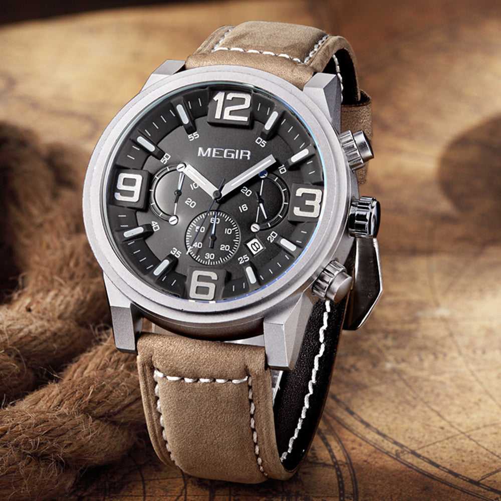 MEGIR Luxury Men's Watch Fashion Simple Casual Sports Watches for Mens Leather Strap Waterproof Quartz Chronograph Clock 3010-15