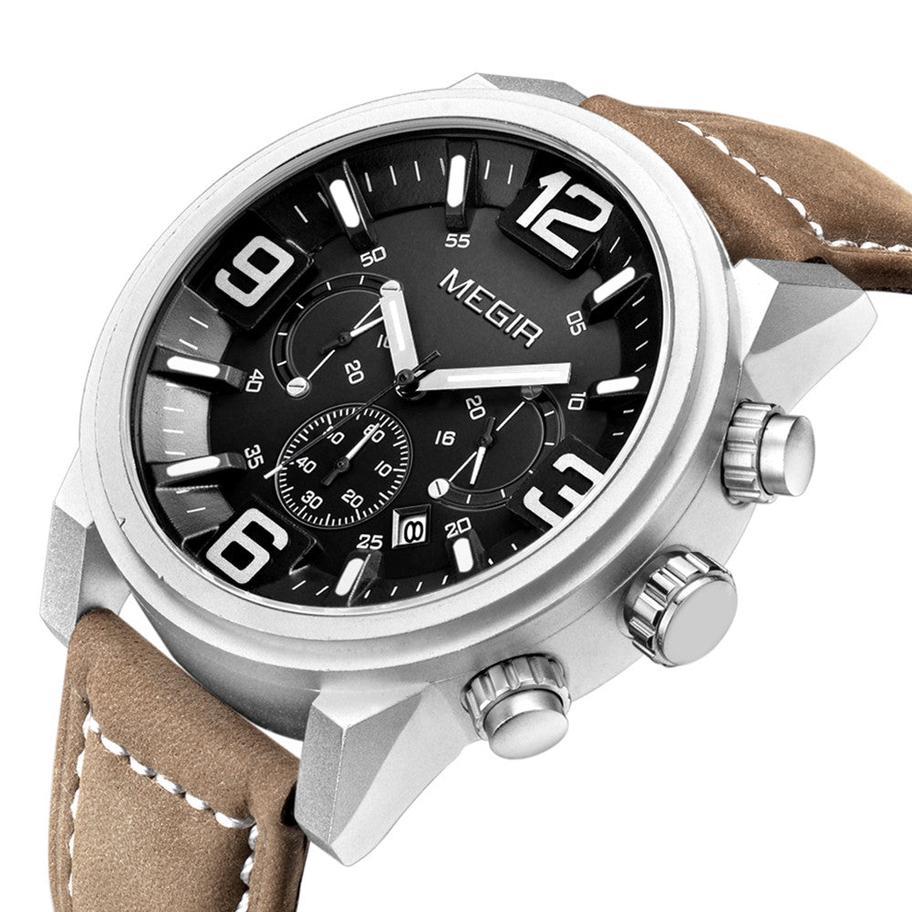 MEGIR Luxury Men's Watch Fashion Simple Casual Sports Watches for Mens Leather Strap Waterproof Quartz Chronograph Clock 3010-5