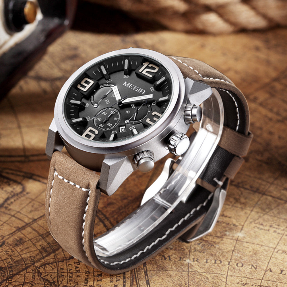 MEGIR Luxury Men's Watch Fashion Simple Casual Sports Watches for Mens Leather Strap Waterproof Quartz Chronograph Clock 3010-16