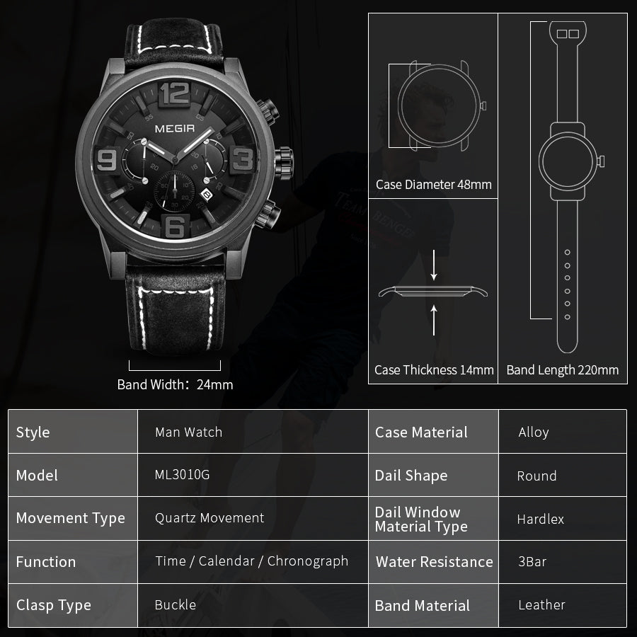 MEGIR Luxury Men's Watch Fashion Simple Casual Sports Watches for Mens Leather Strap Waterproof Quartz Chronograph Clock 3010-11