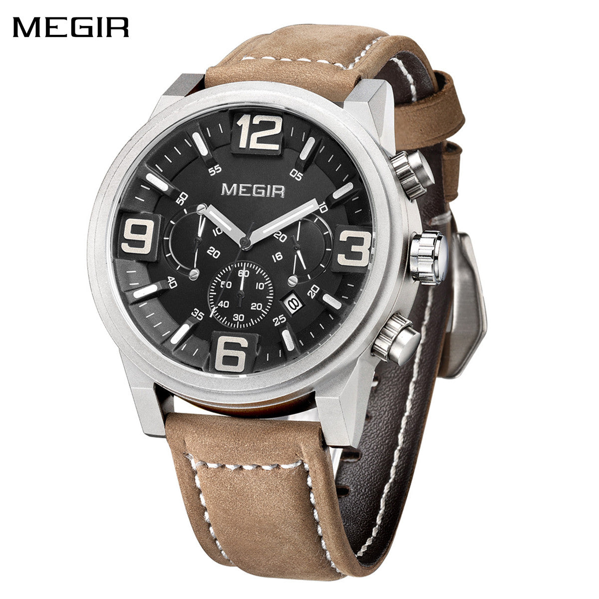 MEGIR Luxury Men's Watch Fashion Simple Casual Sports Watches for Mens Leather Strap Waterproof Quartz Chronograph Clock 3010-0