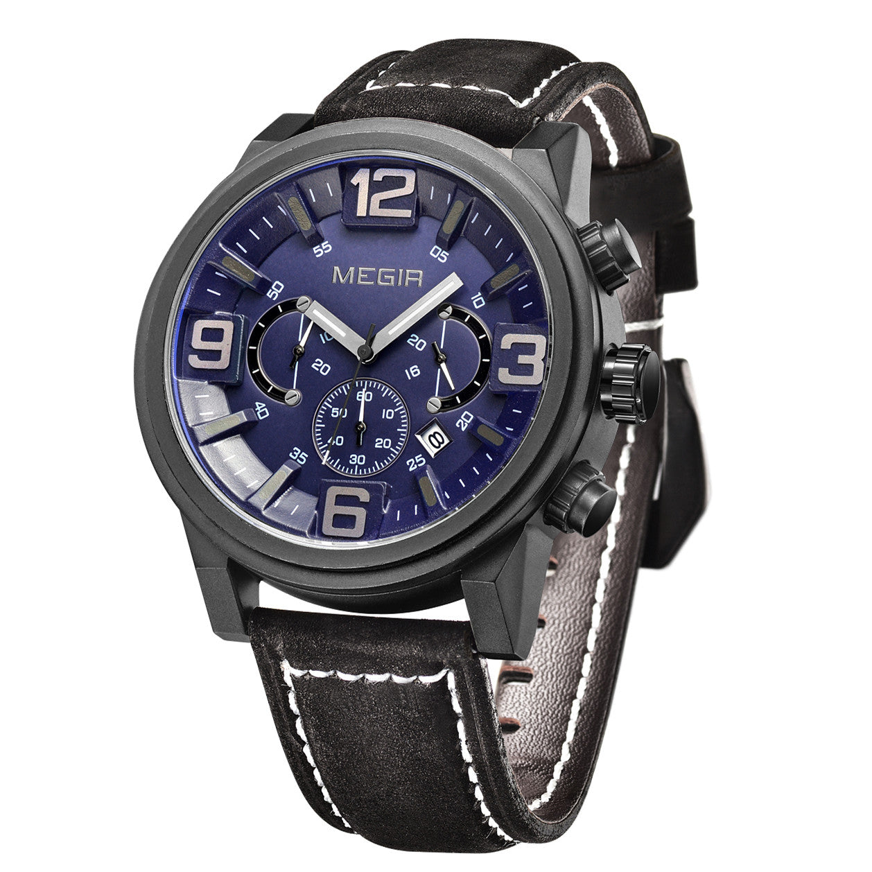 MEGIR Luxury Men's Watch Fashion Simple Casual Sports Watches for Mens Leather Strap Waterproof Quartz Chronograph Clock 3010-7