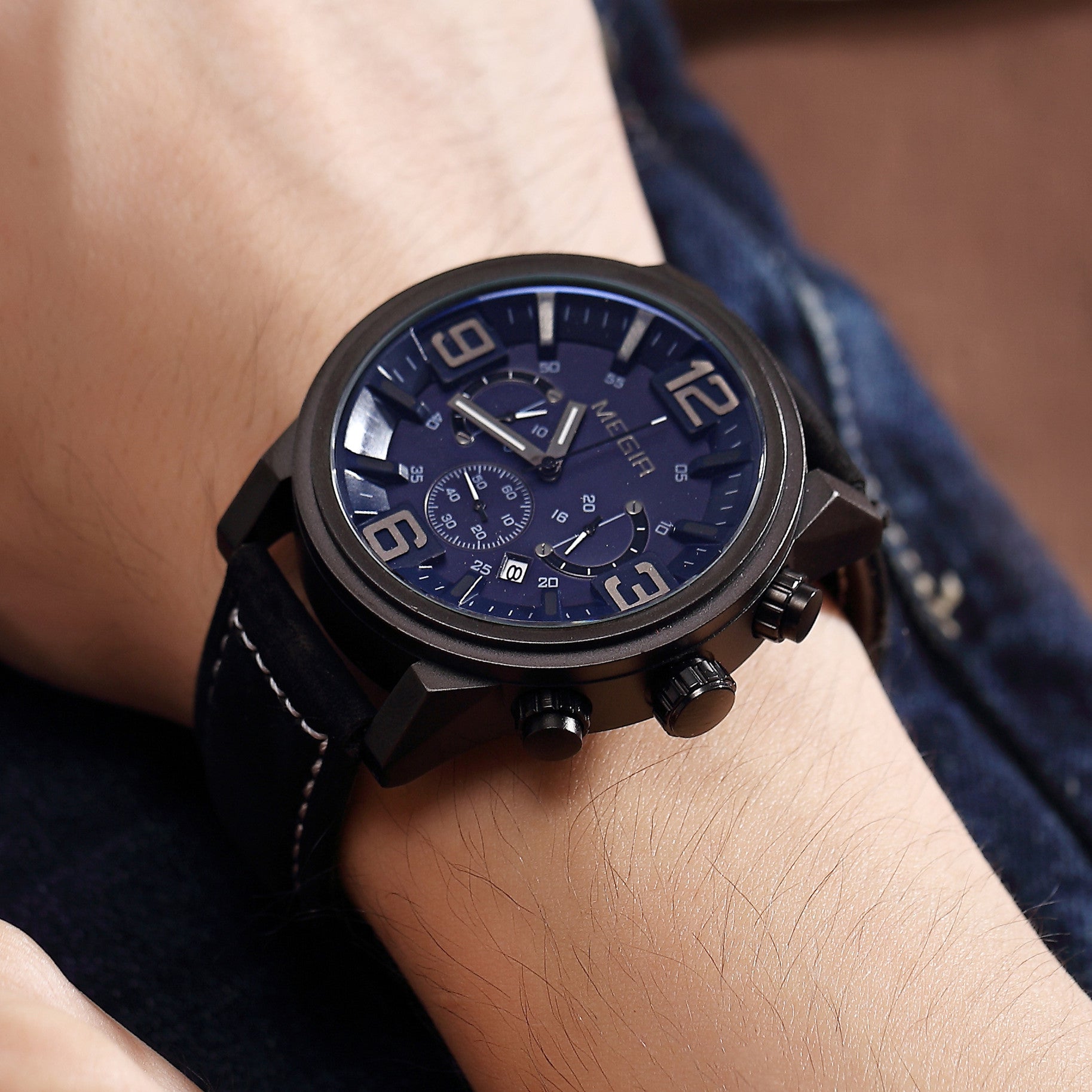 MEGIR Luxury Men's Watch Fashion Simple Casual Sports Watches for Mens Leather Strap Waterproof Quartz Chronograph Clock 3010-3