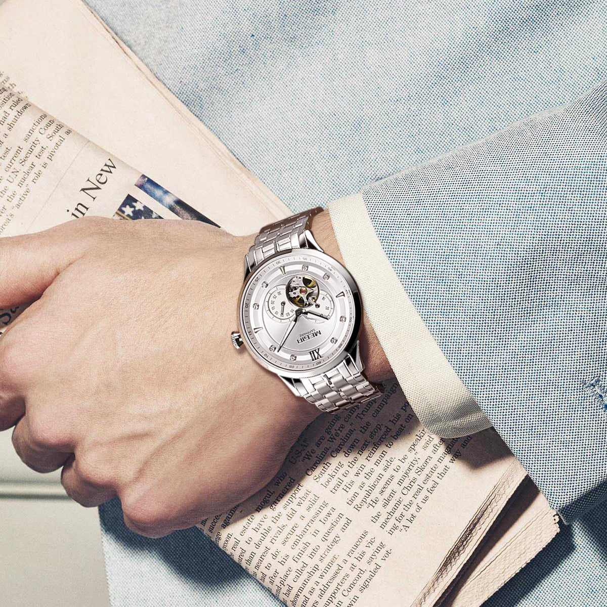 MEGIR Luxury Men Watches Stainless Steel Automatic Mechanical Watch Sapphire Steel Case Business WristWatch Montre Homme-3